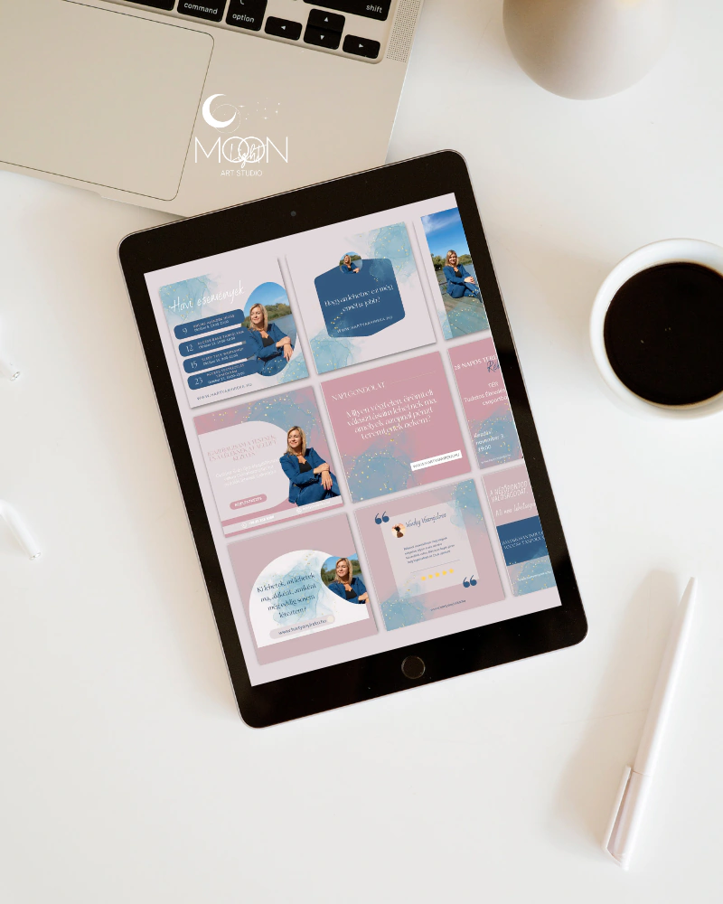 Diana Mraz Social Media management Moonlight Art Studio design közösségi média márkaépítés grafika arculat referencia tableten