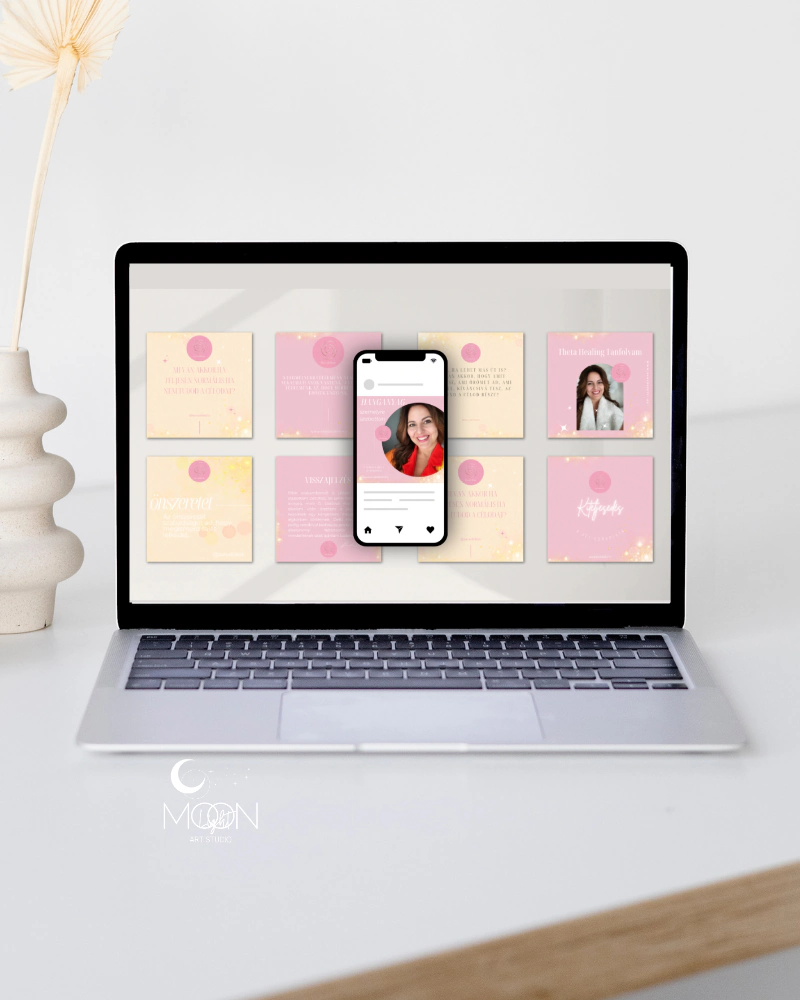 Diana Mraz Social Media management Moonlight Art Studio design közösségi média márkaépítés grafika arculat referencia laptopon